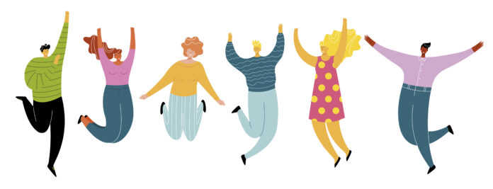 Happy jumping people set, cheerful and active group